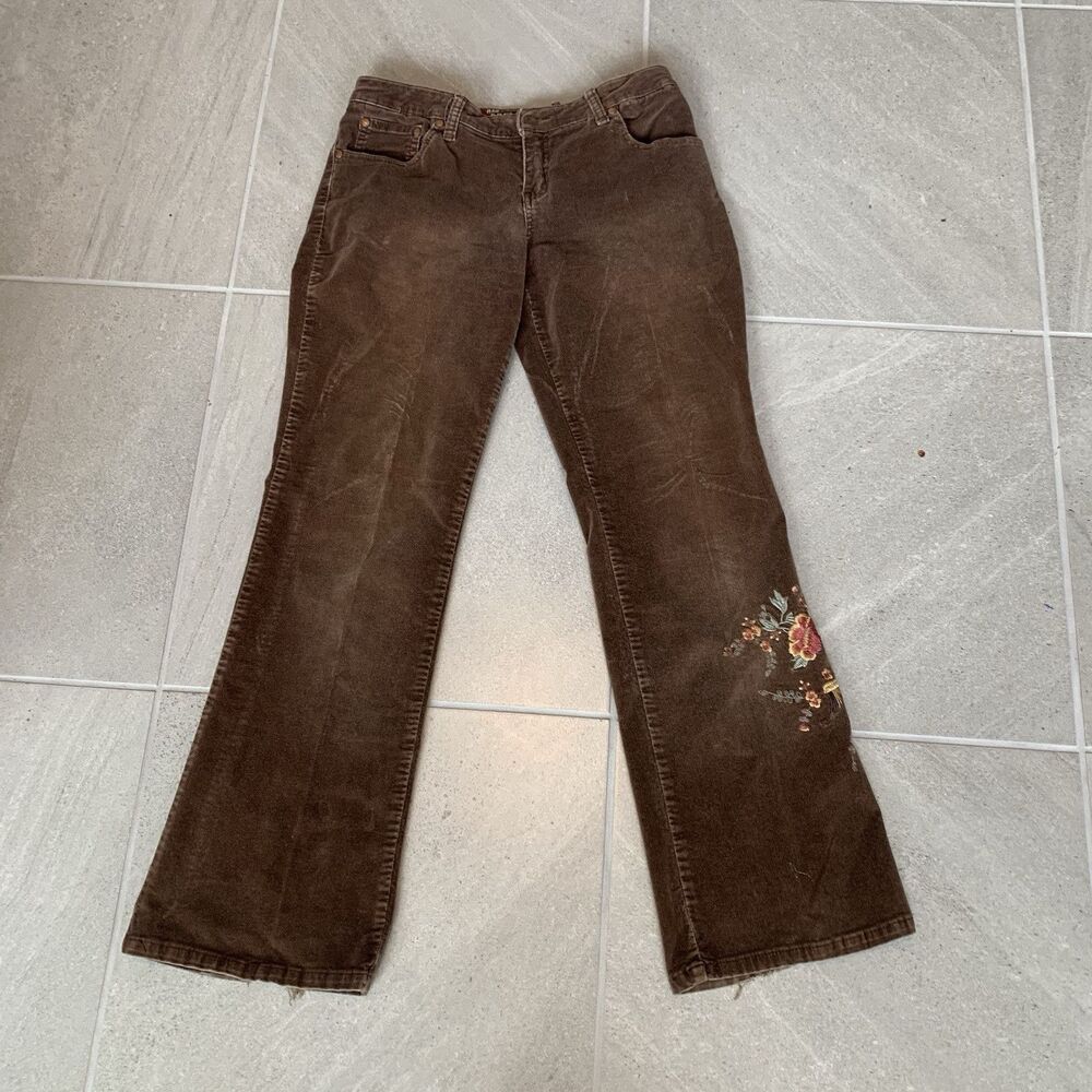 Juniors Brown Corduroy Bootcut Jeans Embroidered Leg Size 30 Waist Or 15 Juniors